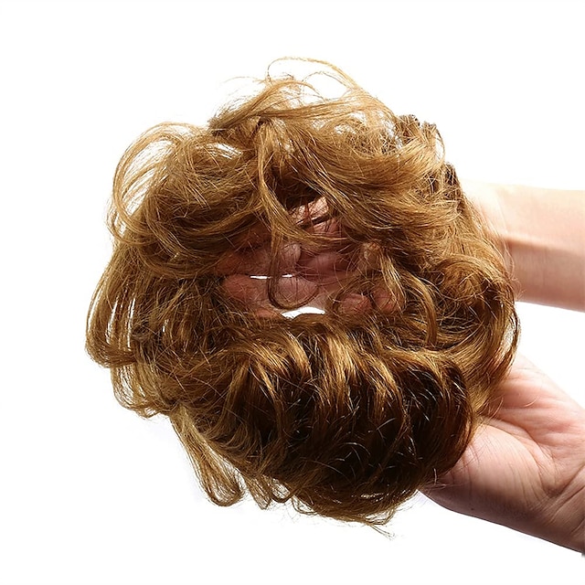  chignon désordonné chouchou de cheveux humains instantané up-do beignet chignon bouclés postiches ondulés pour les femmes (# 8 marron / marron clair)