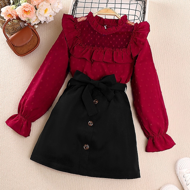  2 Pieces Kids Girls' Solid Color Skirt & Shirt Set Long Sleeve Active Outdoor 7-13 Years Winter Red