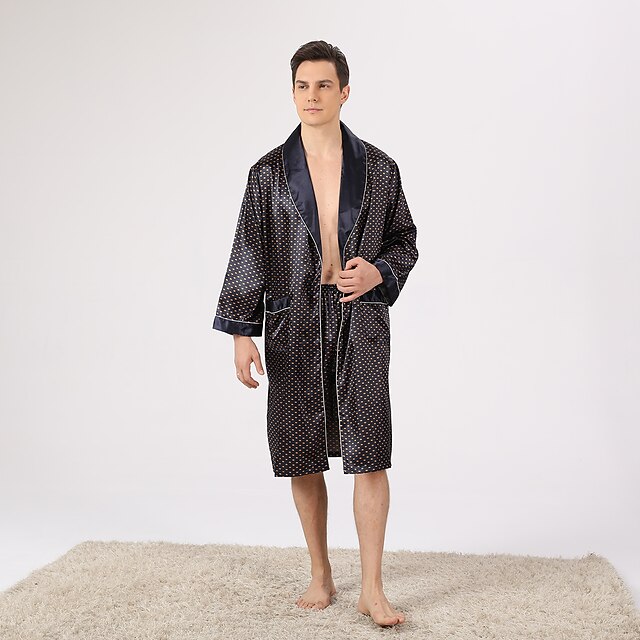 Men's Plus Size Robe Silk Robe Robes Gown Silk Kimono 2 Pieces Waves