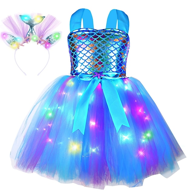  Kids Girls' Dress Solid Color Sequin Mermaid Sleeveless Performance Princess Sweet Cotton Above Knee Party Dress A Line Dress Summer Spring 3-10 Years Light Blue Multicolor White