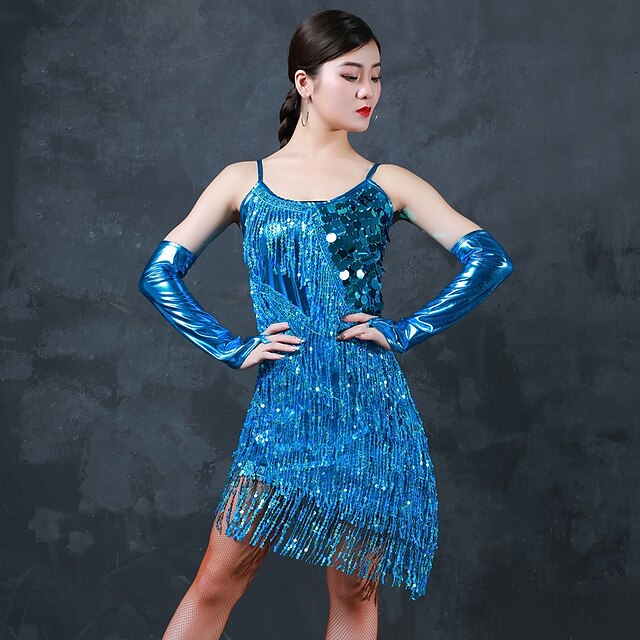 Latin Dance Exotic Dancewear Dress Glitter Tassel Ruching Women's