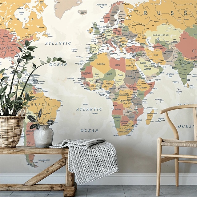  World Map Wallpaper Mural Vintage Atlas Wall Covering Sticker Peel and Stick Removable PVC/Vinyl Material Self Adhesive/Adhesive Required Wall Decor for Living Room Kitchen Bathroom