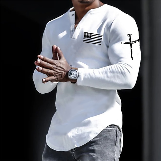  Herr Henleytröja Cool skjorta Långärmad tröja Långärmad Henley Vår & Höst Grafiska tryck Landsflagga Designer Ledigt Bekväm Mönster Button-Down Gata Sport Helgdag Vit Mörkgrå Topp t-shirt för män