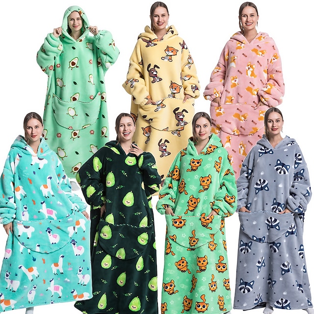  Adults' Wearable Blanket With Pocket Cat Panda Green apples Print Onesie Pajamas Flannel Cosplay For Men's Women's Christmas Animal Sleepwear Cartoon