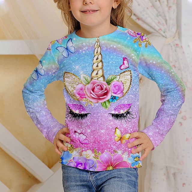  Kids Girls' T shirt Long Sleeve 3D Print Unicorn Animal Crewneck Black Children Tops Fall Spring Active Fashion Daily Daily Indoor Outdoor Regular Fit 3-12 Years