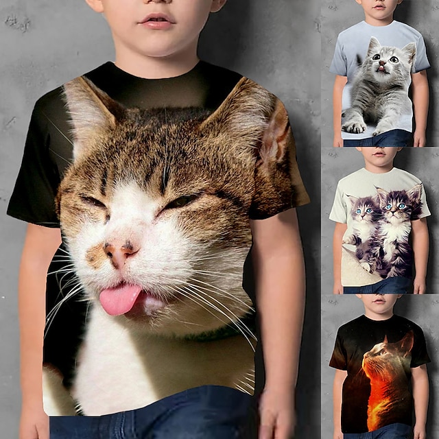  Παιδιά Αγορίστικα Κοντομάνικη μπλούζα Στόχος Ζώο Γάτα Κοντομάνικο Λαιμόκοψη Παιδική Τοπ Causal 3D εκτύπωση Λατρευτός Καθημερινά Καλοκαίρι Μαύρο 3-12 χρόνια