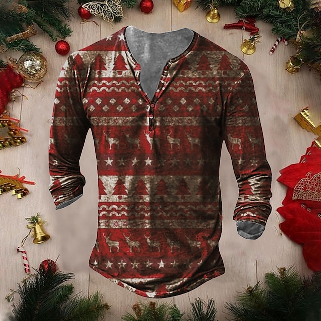 Christmas Sweater Mens Graphic Shirt Tee Henley Deer Red 3D Print Plus