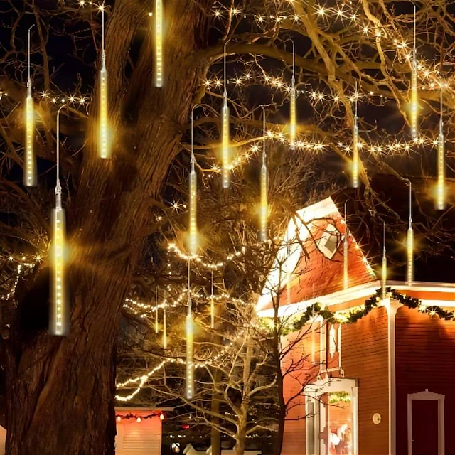 LED Meteor Shower Rain Lights 30cm 11.8inch 8 Tubes 192 LED Icicle Snow Falling Lights Twinkle Star Outdoor Raindrop Lights Christmas Wedding Party Holiday Tree Decoration 25