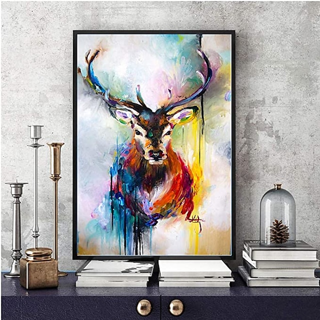  Christmas Handmade Oil Painting Canvas Wall Art Decoration Elk Pattern Animal Series Colorful Deer for Home Decor Stretched Frame Hanging Painting