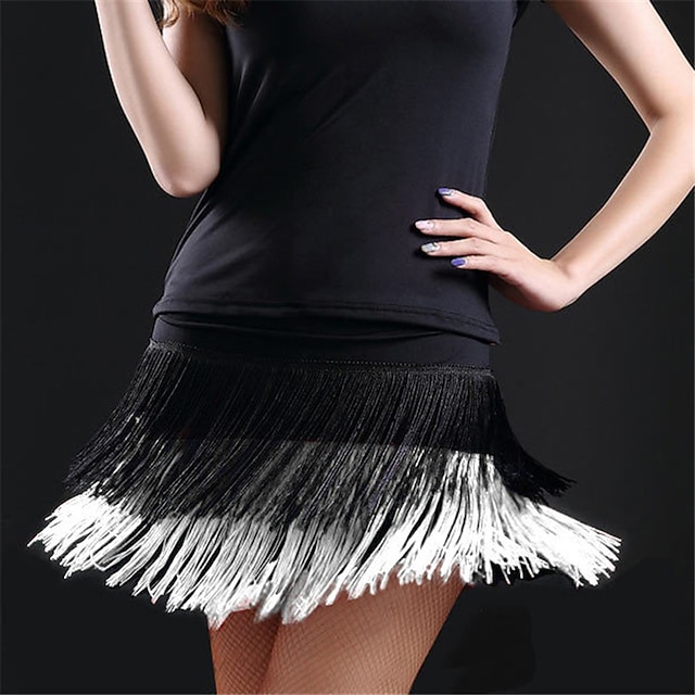 Yes Women's Black Sequin Tassel Latin Dance Skirt Training Performance Skirts DanceWear