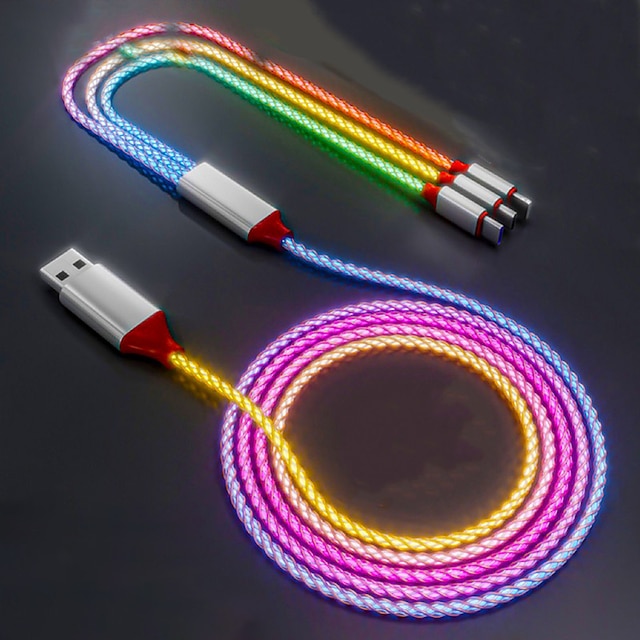  3-IN-1 6A 66W RGB Super Fast Charging Cable Type-C Micro USB Charger Cable Flow Cool Colorful Glow Data Line For iPhone Android