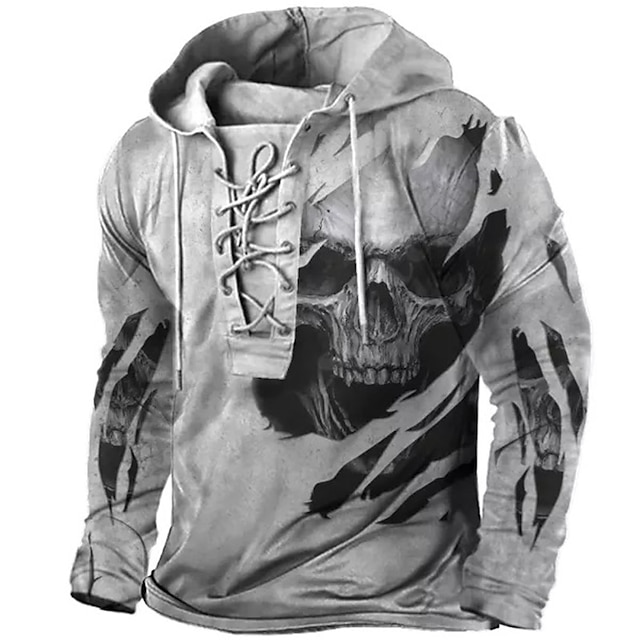 Men's Pullover Hoodie Sweatshirt Pullover Gray Hooded Skull Graphic Prints Lace up Print Casual Daily Sports 3D Print Streetwear Designer Basic Spring &  Fall Clothing Apparel Hoodies Sweatshirts 