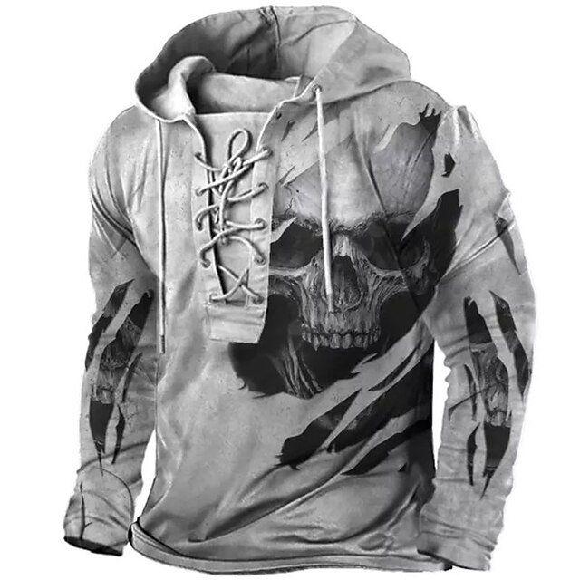 Men's Skull Graphic Prints Hoodie Hoodies Sweatshirt Streetwear Designer Long Sleeve Hooded Casual Daily Sports Gray Lace up Print Spring &  Fall Designer2