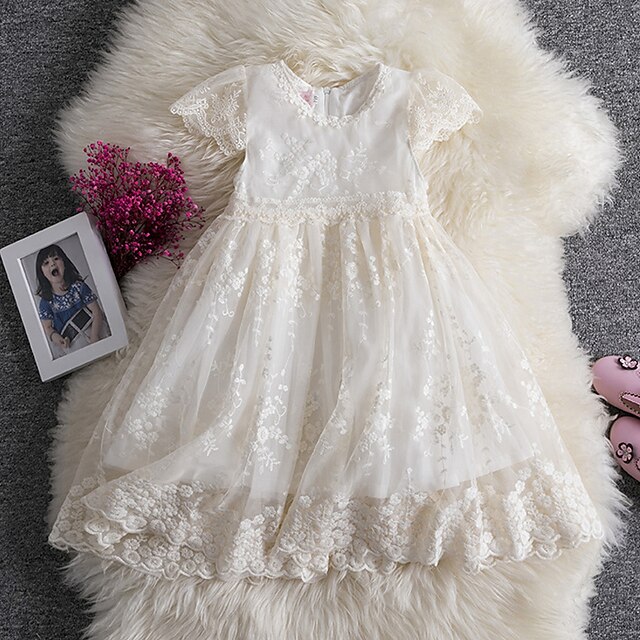 Kids Tulle Dress Girls' Lace Embroidered Dress Solid Colored White ...