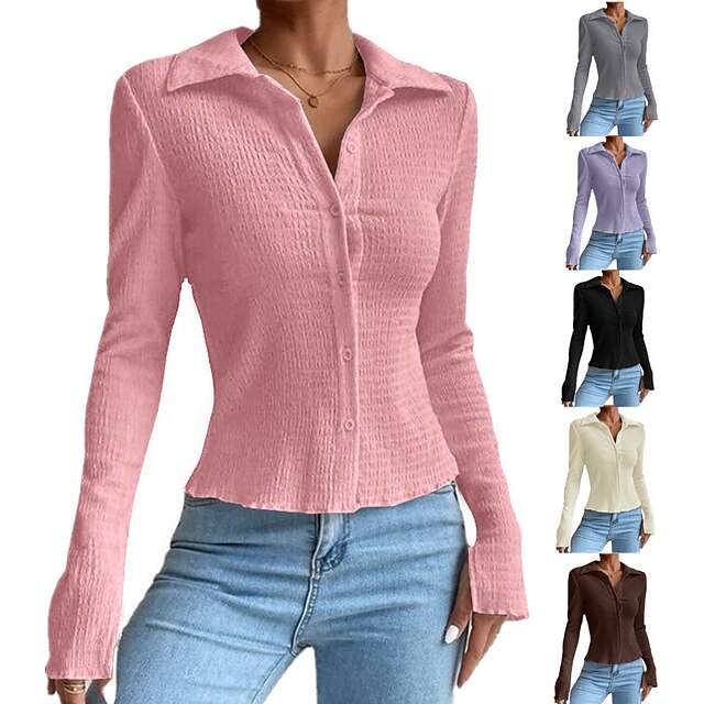 Women's Blouse Split Button-Down Classic Sweet Solid / Plain Color Shirt Collar Spring &  Fall Regular Black Pink Purple Brown Apricot