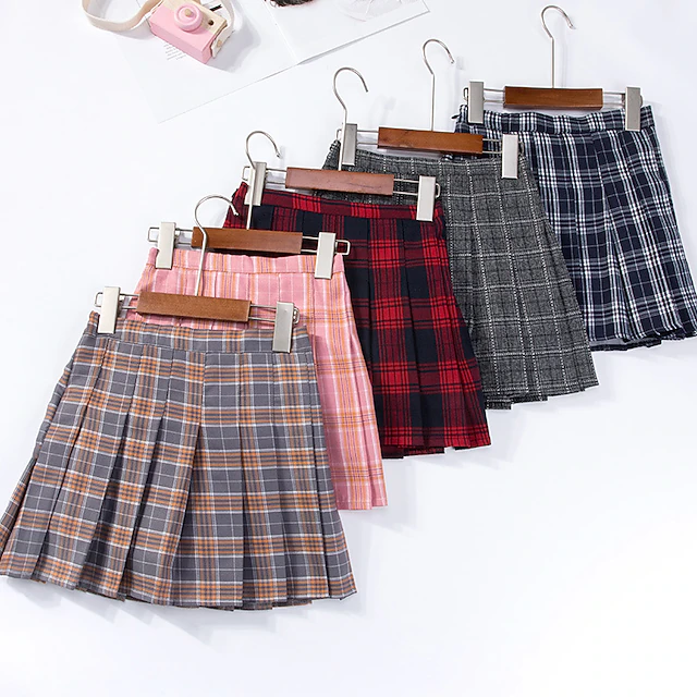 Kids Girls' Skirt Plaid Active School 7-13 Years Winter Black Pink Light gray 10