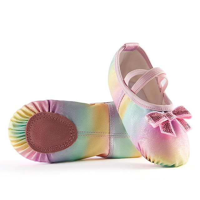  Chica Zapatillas de Ballet Rendimiento Entrenamiento Escenario Zapatos brillantes Plano Pajarita Lazo Lentejuelas Tacón Plano Colorido