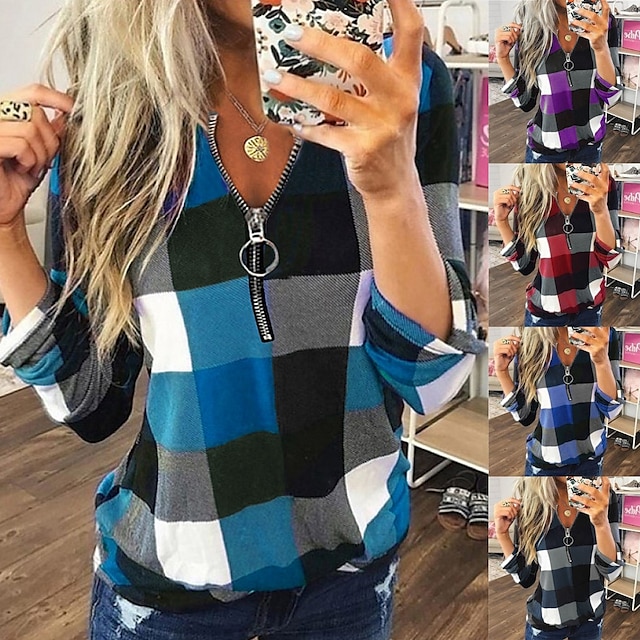  Women‘s Plaid Blouse Zip Up V Neck Top Long Sleeves Adjustable sleeves loose Shirt Female Daily Spring Summer Unpositioned printing