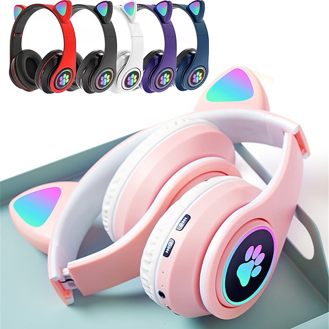  RGB Cute Cat Bluetooth Headphone Wireless Headset Foldable Hifi Music Stereo Noise Cancel Earphone TF Card For Kids Girls Gifts Christmas Gift
