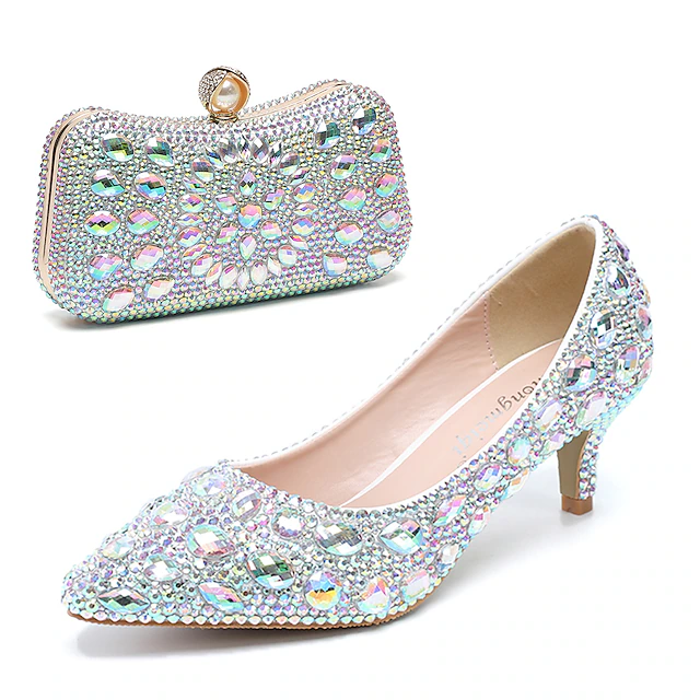 Women's Crystal-Embellished Kitten Heel Shoes and Matching Clutch Set - Elegant Rhinestone Wedding Pumps with Evening Bag 13