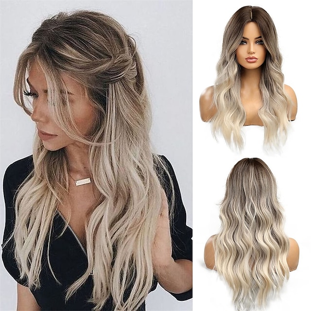 Long Wavy Ombre Brown to Blonde Wigs for Women Synthetic Hair Heat ...