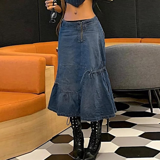  Women's Cargo Skirt Denim Midi Skirt Midi Denim Blue Skirts Ruffle Fashion Casual Daily S M L