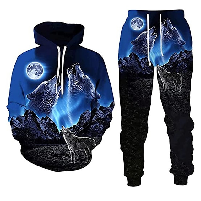 Men's Tracksuit Hoodies Set Blue Hooded Graphic Animal Wolf 2 Piece ...