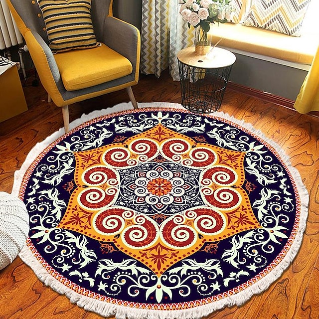  Runder Teppich mit Mandala-Quaste im Ethno-Stil, Wohnzimmer, Schlafzimmer, Couchtisch, Bodenmatte