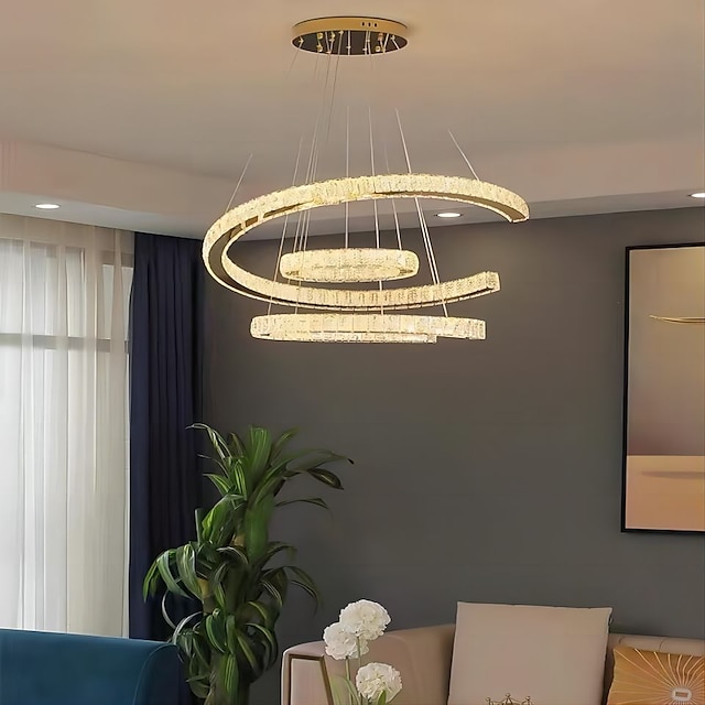  3-ring led dimmable pandent light crystal circle design chandelier acero inoxidable en capas estilo artístico estilo formal electrochapado artístico led 110-240v