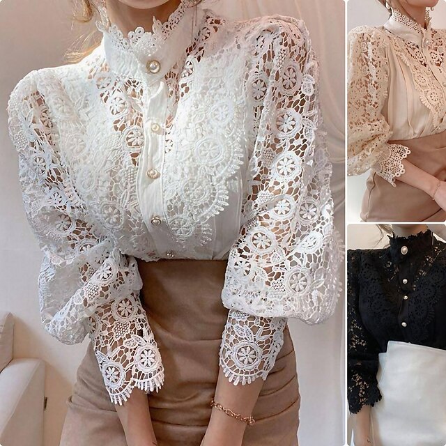  Women's Blouse Hole Solid Colored Elegant & Luxurious Shirt Collar Standard Winter Black Apricot White