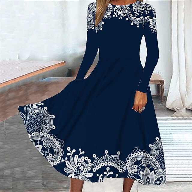 Women's Midi Dress Casual Dress Winter Dress Swing Dress Fashion Modest Formal Outdoor Party Regular Fit Floral Long Sleeve Crew Neck Navy Blue Spring Fall Winter Autumn4