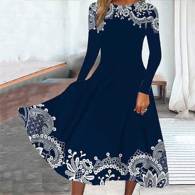 Women's Midi Dress Casual Dress Winter Dress Swing Dress Fashion Modest Formal Outdoor Party Regular Fit Floral Long Sleeve Crew Neck Navy Blue Spring Fall Winter Autumn4