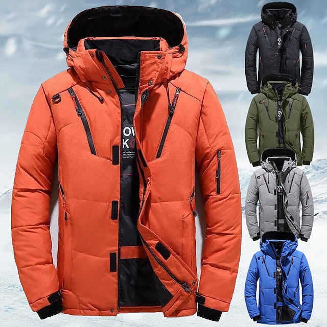  Men's Hiking Puffer Down Jacket Hoodie Jacket Ski Jacket Winter Outdoor Thermal Warm Windproof Lightweight Breathable Winter Jacket Trench Coat Top Cotton Camping Hunting Snowboard Black Blue Orange