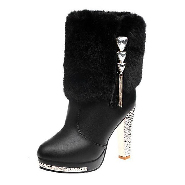 Women's White Faux Fur Ankle Boots with Rhinestone Heels - Elegant Winter High Heels for Parties