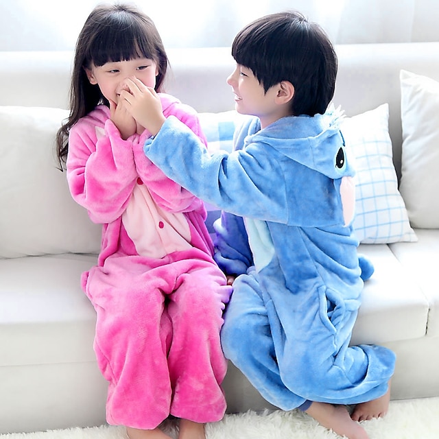  Kid's Kigurumi Pajamas Anime Blue Monster Patchwork Onesie Pajamas Funny Costume Coral fleece Cosplay For Boys and Girls Christmas Animal Sleepwear Cartoon