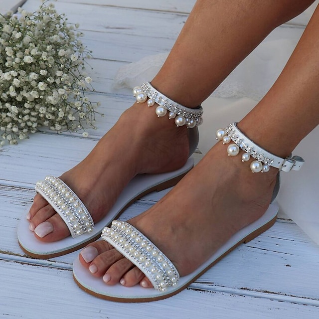  Női Esküvői cipők Bling Bling cipők Csillogó cipő Csillogó szandálok Menyasszonyi cipők Strasszkő Hamis gyöngy Lapos Lábujj nélküli Műbőr Bokapánt Fehér