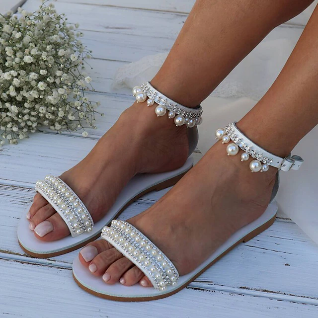 Women's Wedding Shoes Bling Bling Sparkling Shoes Sparkly Sandals Bridal Shoes Rhinestone Imitation Pearl Flat Heel Open Toe Faux Leather Ankle Strap White 7