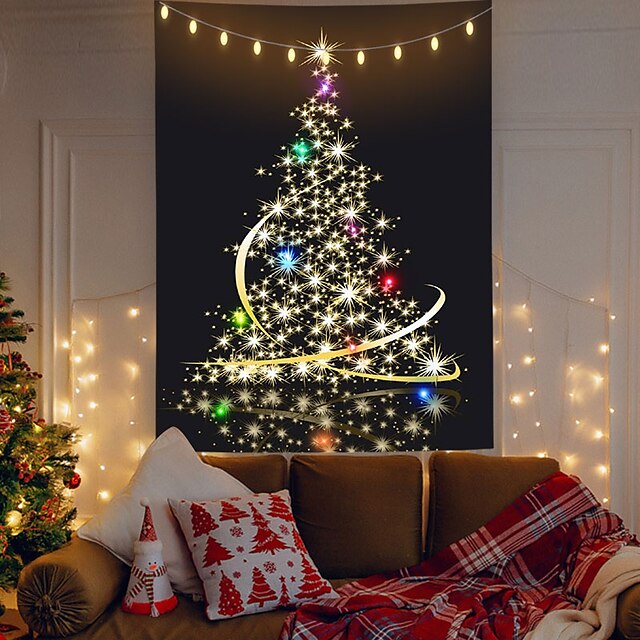  Christmas Ribbon Holiday Party Wall Tapestry Xmas Photography Backround Art Decor Hanging Bedroom Living Room Decoration Christmas Tree (with LED String Lights)