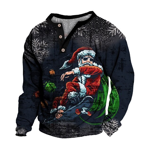 Men's Santa Claus Graphic Prints Sweatshirt Sweatshirt Pullover Long Sleeve Sweatshirt Henley Collar Streetwear Designer Basic 3D Print Christmas Casual Daily Print Spring &  Fall2