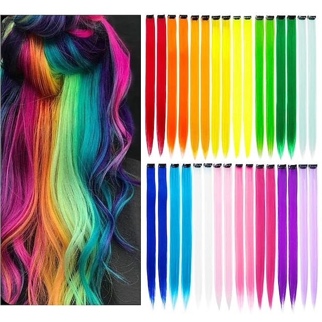  32 paquetes de extensiones de cabello de colores Clip de color recto de 20 pulgadas en la extensión del cabello Rainbow Party Highlights peluca sintética para niñas