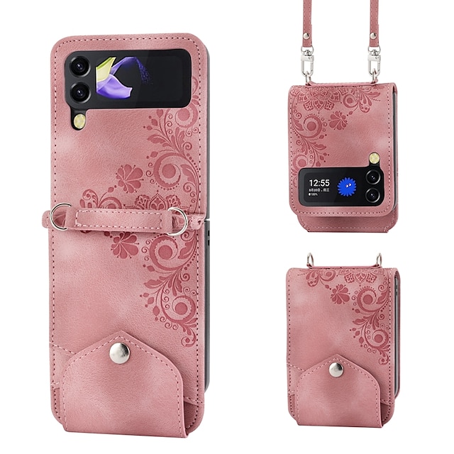  telefone Capinha Para Samsung Galaxy Z Virar 6 Z Flip 5 Z Flip 4 Z Flip 3 Bolsa Bolsa Case Completa Virar com alça transversal removível Slots de suporte de cartão Cor Sólida Flor Couro PU