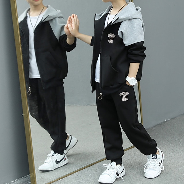  2 Pieces Kids Boys Tracksuits Outfit Color Block Letter Long Sleeve Cotton Set Sports Winter Fall 7-13 Years Black Gray