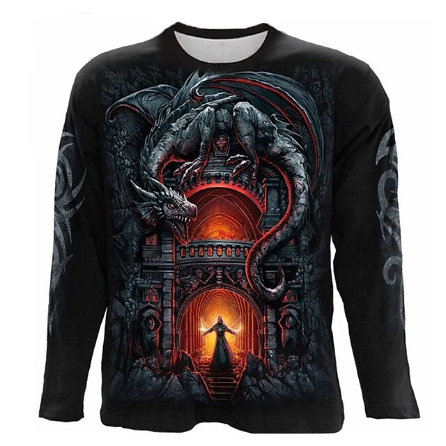 Men's Dragon Graphic Prints T Shirt Long Sleeve T shirt 3D Print Crew Neck Shirt Vintage Sports Designer Outdoor Street Casual Black Spring &  Fall Clothing Apparel S M L XL XXL 3XL4