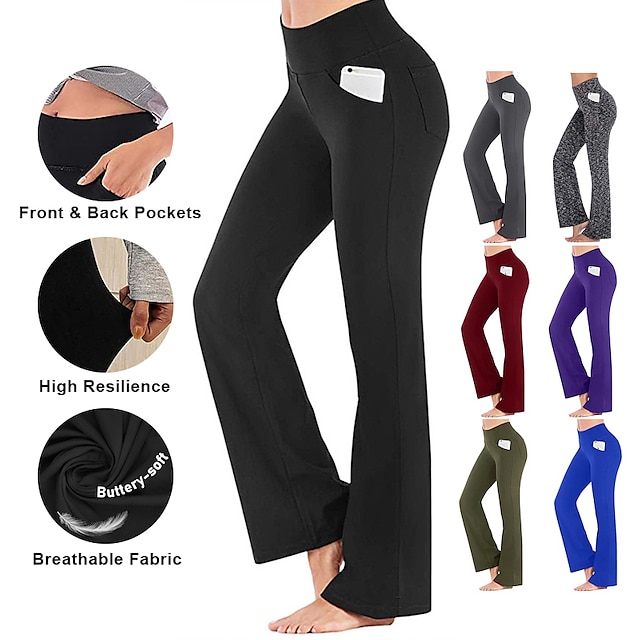  Women's Yoga Pants Side Pockets Wide Leg Yoga Fitness Gym Workout High Waist Bottoms Dark Grey Black Purple Spandex Sports Activewear High Elasticity