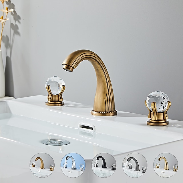  rubinetto del lavandino del bagno rubinetto del bagno in ottone diffuso a 3 fori montato sul ponte miscelatore con maniglia in cristallo (oro / nero / cromato)
