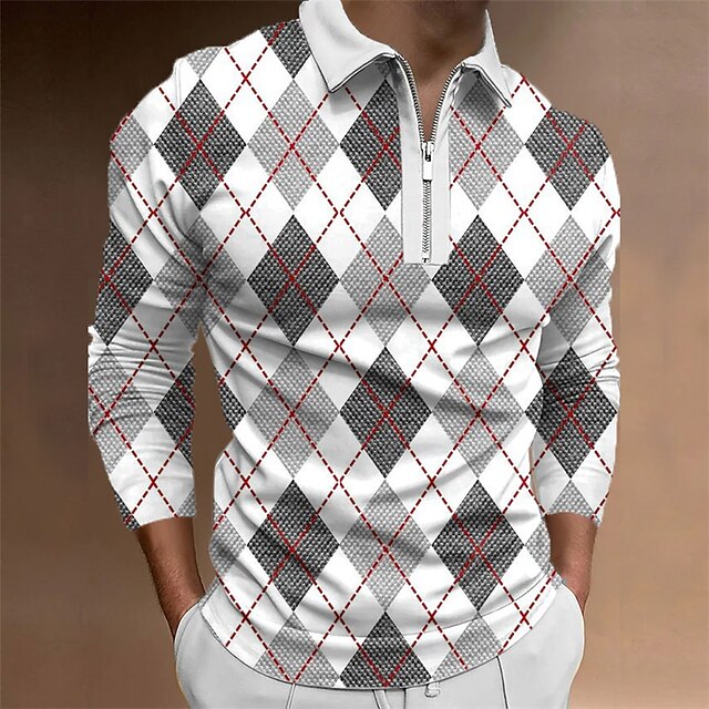 Men's Plaid Zip Polo Shirts Golf Shirt Long Sleeve Polo Shirts Collared Shirts Business Casual WorkWear Formal Wear Festival Wear 3D Print Quarter Zip Polo Black2