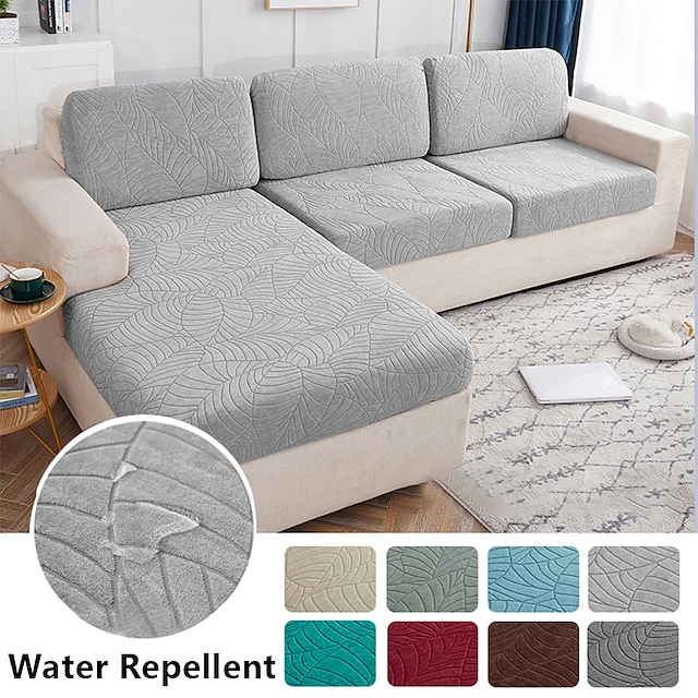  Stretch Water Repellent Sofa Seat Cushion Cover Jacquard Slipcover Elastic Couch Armchair Loveseat 4 or 3 Seater Grey Plain Solid Soft Durable Washable