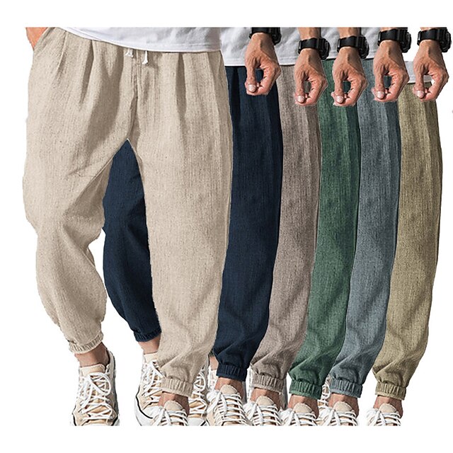  Men's Joggers Linen Pants Trousers Summer Pants Drawstring Elastic Waist Front Pocket Plain Comfort Soft Casual Daily Linen / Cotton Blend Fashion Big and Tall Black Army Green