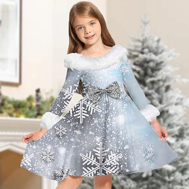 Kids Girls' Dress Snowflake Long Sleeve Casual Fur Trim Crewneck Adorable Daily Polyester Above Knee Casual Dress Swing Dress A Line Dress Fall Winter 3-10 Years Gray 6