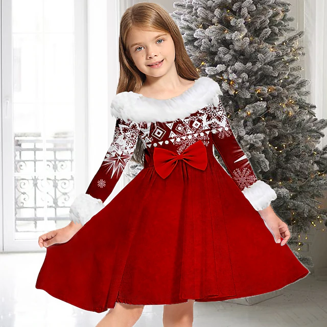 Kids Girls' Christmas Dress Dress Snowflake Dress Snowflake Long Sleeve Casual Fur Trim Crewneck Adorable Daily Polyester Above Knee Casual Dress Swing Dress A Line Dress Fall Winter 2-13 Years White 7